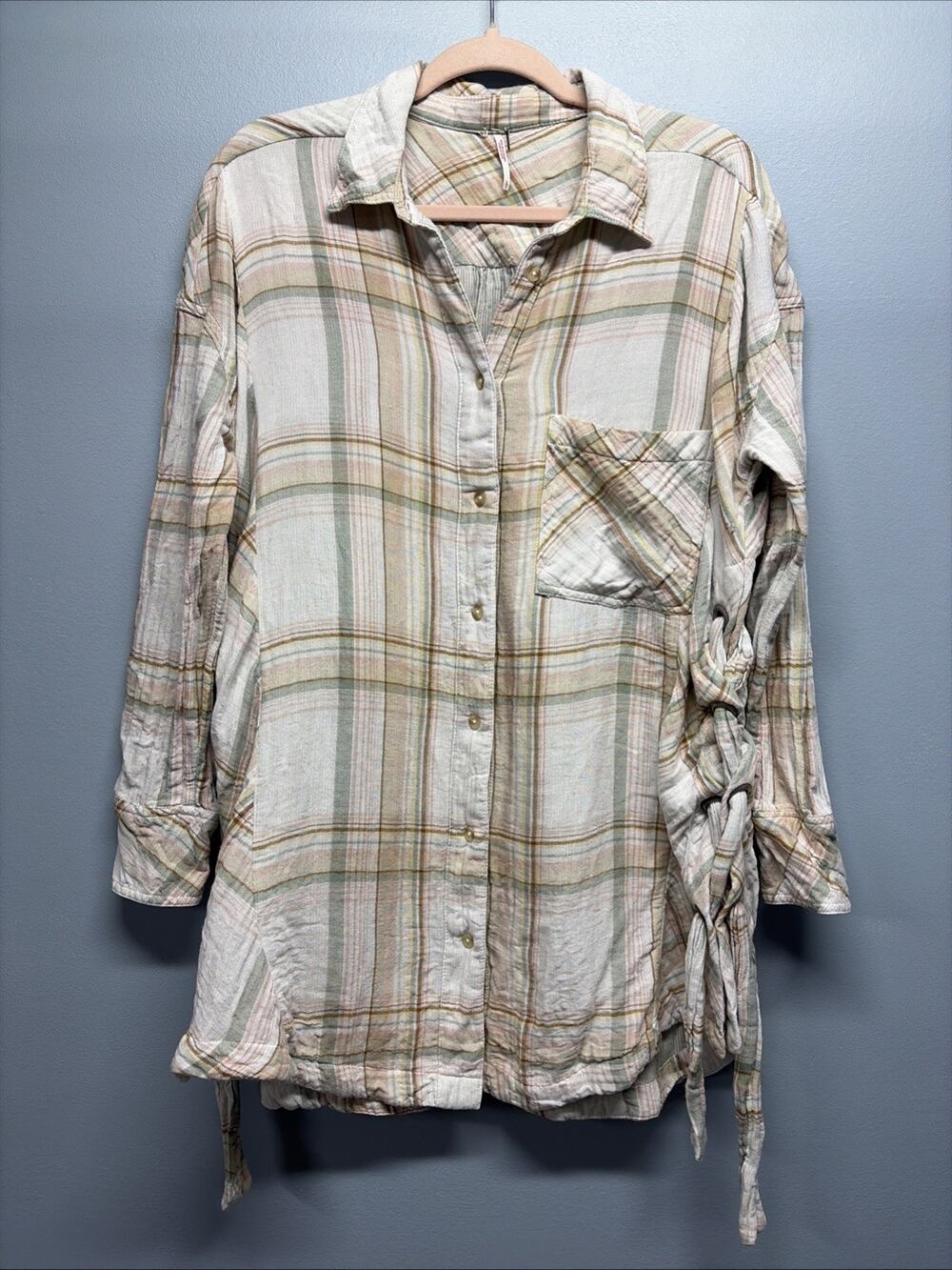FREE PEOPLE Plaid Oversized Button-Up Shirt Braided Side Tunic Gauzy - Sz Small